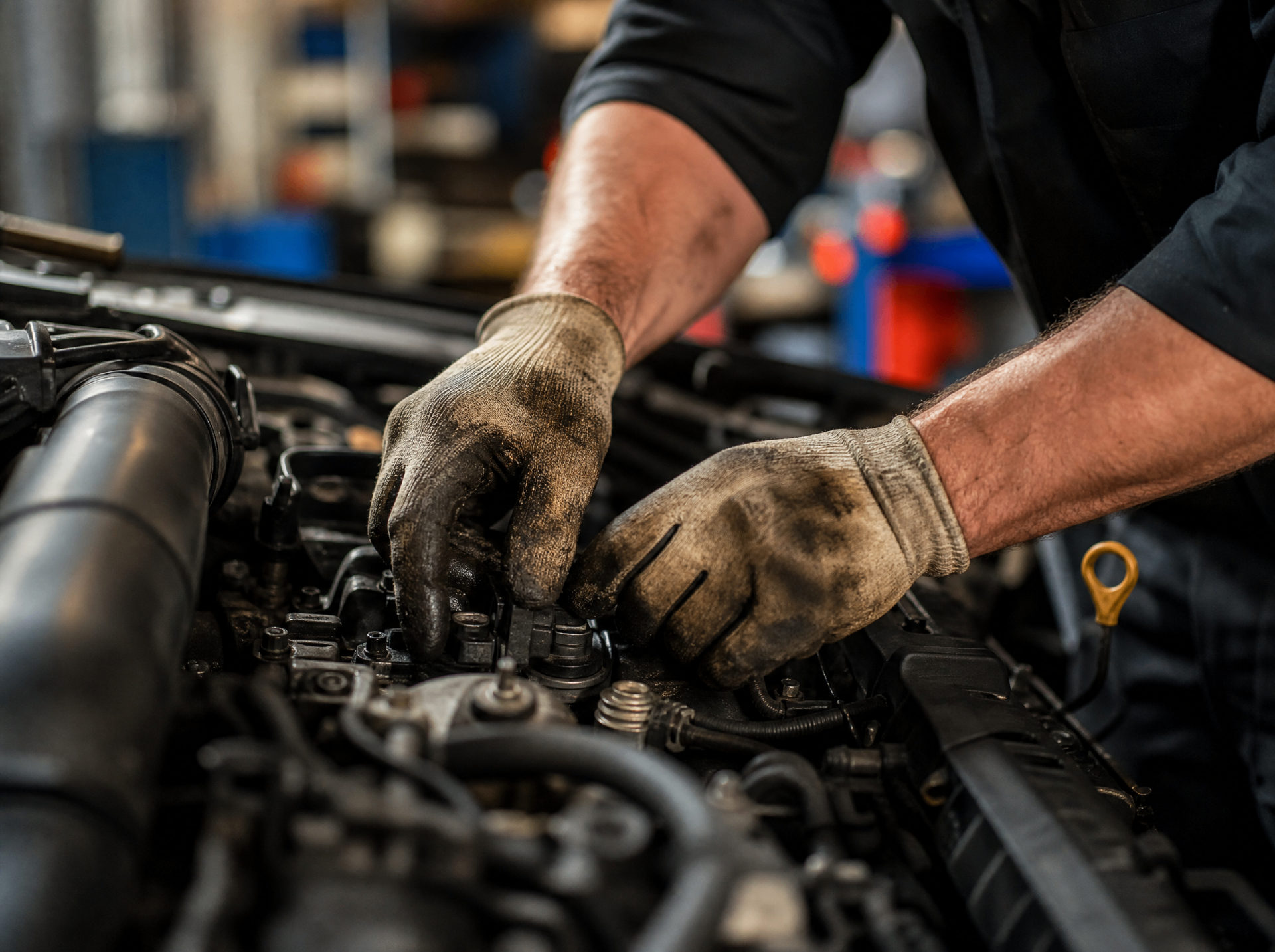 Nahaufnahme eines Mechanikers bei der Motorarbeit